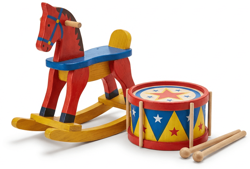 Wooden rocking horse and toy drum